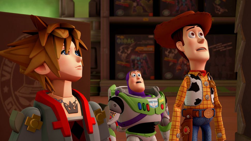Buzz, Woody and Sora look up at something scary in Kingdom Hearts 3