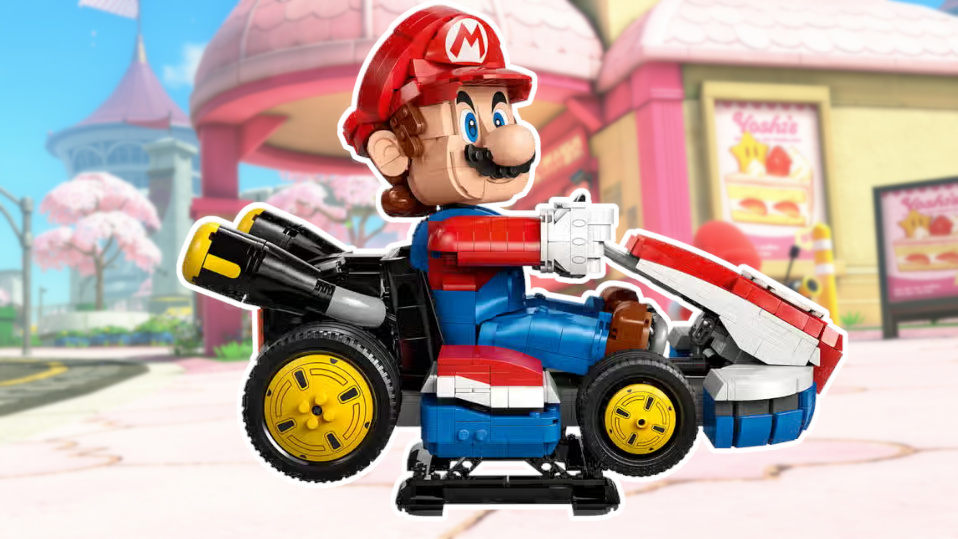 Lego Mario &amp;amp; Standard Kart set with a white outline against a track from Mario Kart World