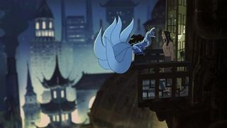 Screenshot from the animated tv series Love, Death & Robots. This still is from the episode Good Hunting. Here we see a shirtless man on a balcony staring at a nine-tailed fox perched on the balcony rail. In the background you can see a Chinese city at night.