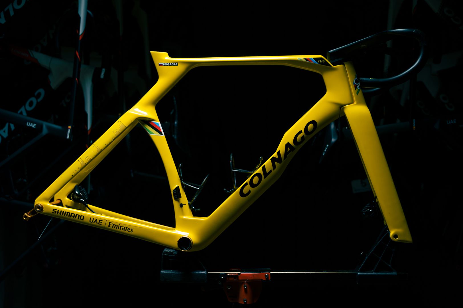 Tadej Pogačar's gifted one-of-one hand-painted yellow Colnago Y1Rs for winning the Tour de France 