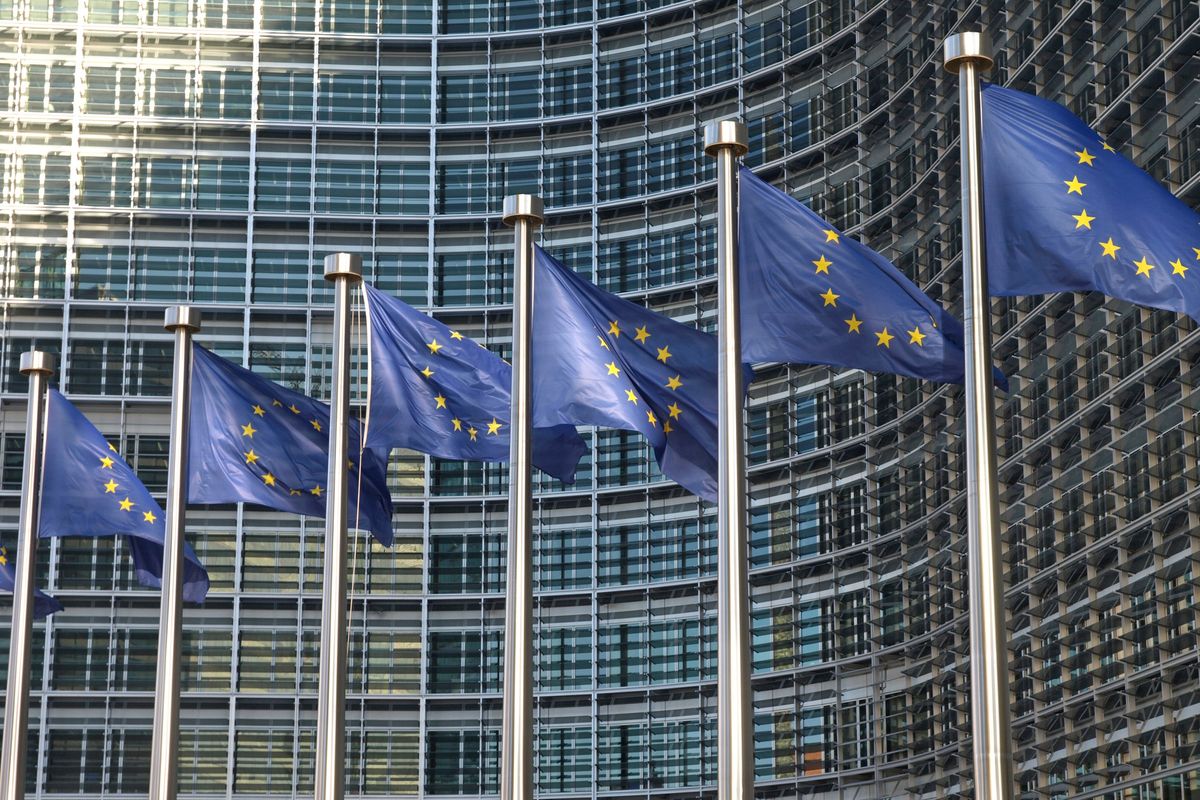 Several EU flags hoisted outside a building