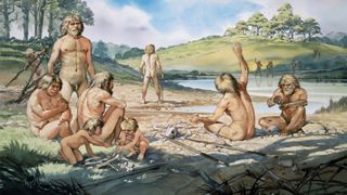 Uma ilustração de um grupo de neandertais