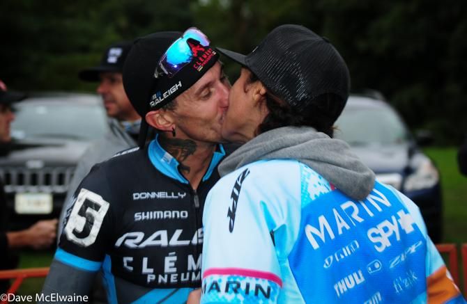 Ben Berden (Raleigh Clement) gets a kiss at the finish from Nicole Duke