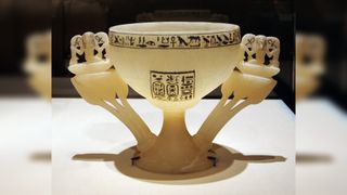 This floral-shaped cup is from Tutankhamun's tomb. The hieroglyphic inscriptions on it ask that Tut be given millions of years of life.