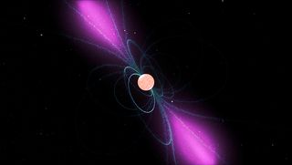 a pink body in black space shoots out thin light blue loops from pole to pole. Pink gas tear drops outward from the poles.