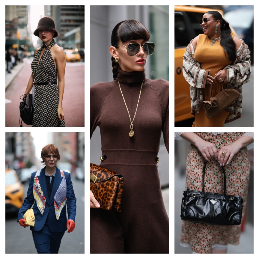 collage of five women wearing fashionable outfits during new york fashion week