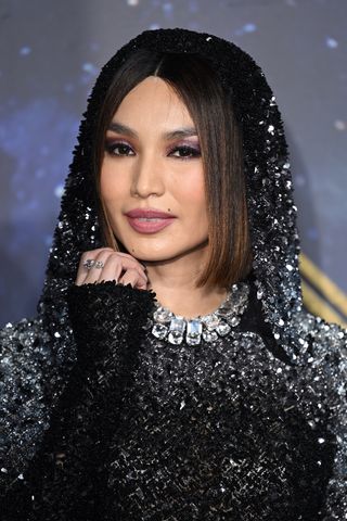 Gemma Chan, is pictured with a blunt bob, whilst attending the "The Eternals" UK Premiere at BFI IMAX Waterloo on October 27, 2021 in London, England.