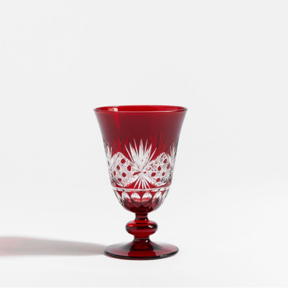 Red cut glass wine goblet