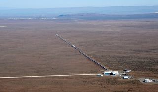 Aerial view of LIGO Hanford Observatory, showing the 2.5-mile (4-kilometer) arms.