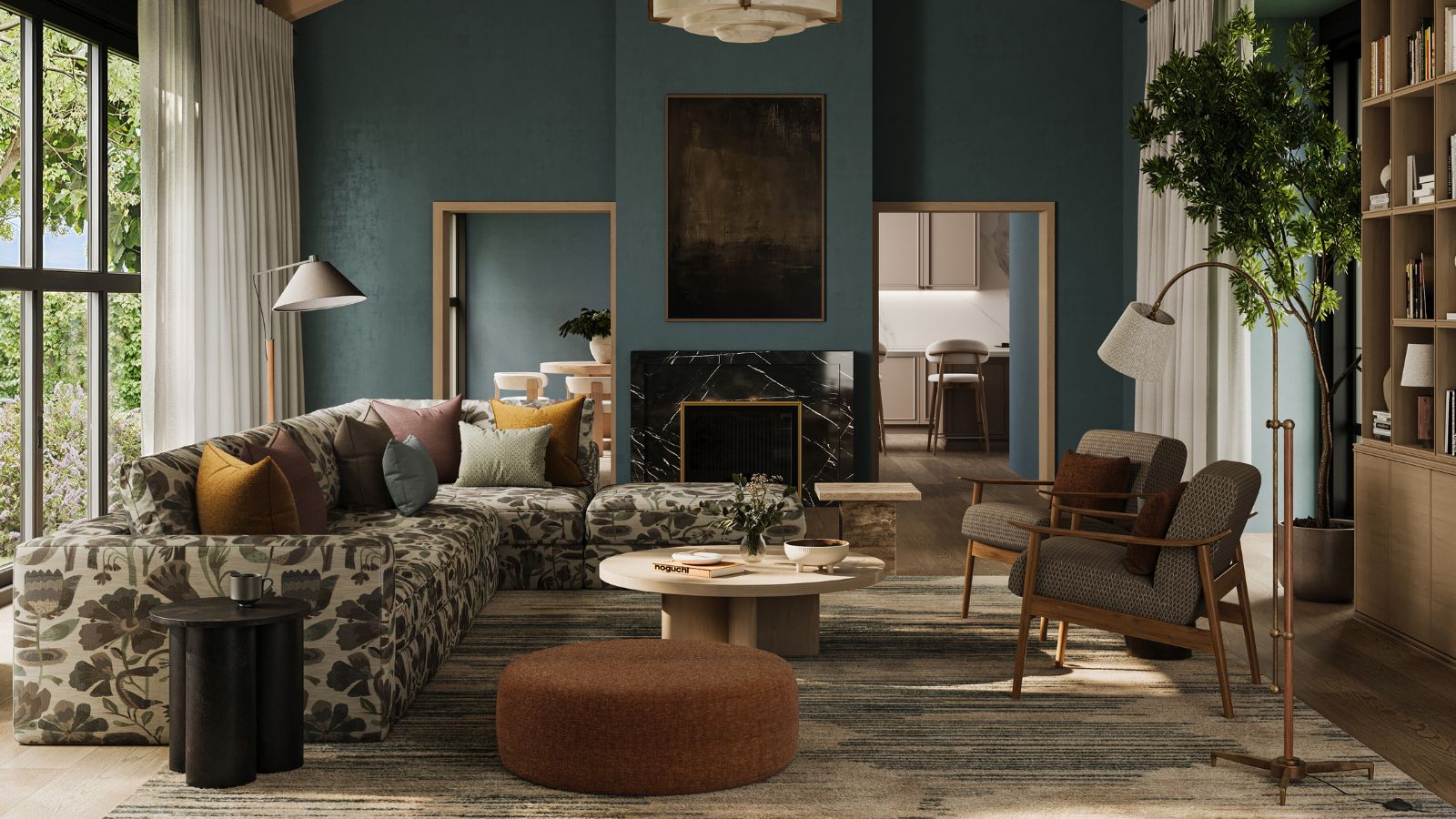 transitional living room with brown floral sofa