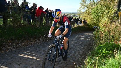 Image shows Pauline Ferrand-Prevot cycling.