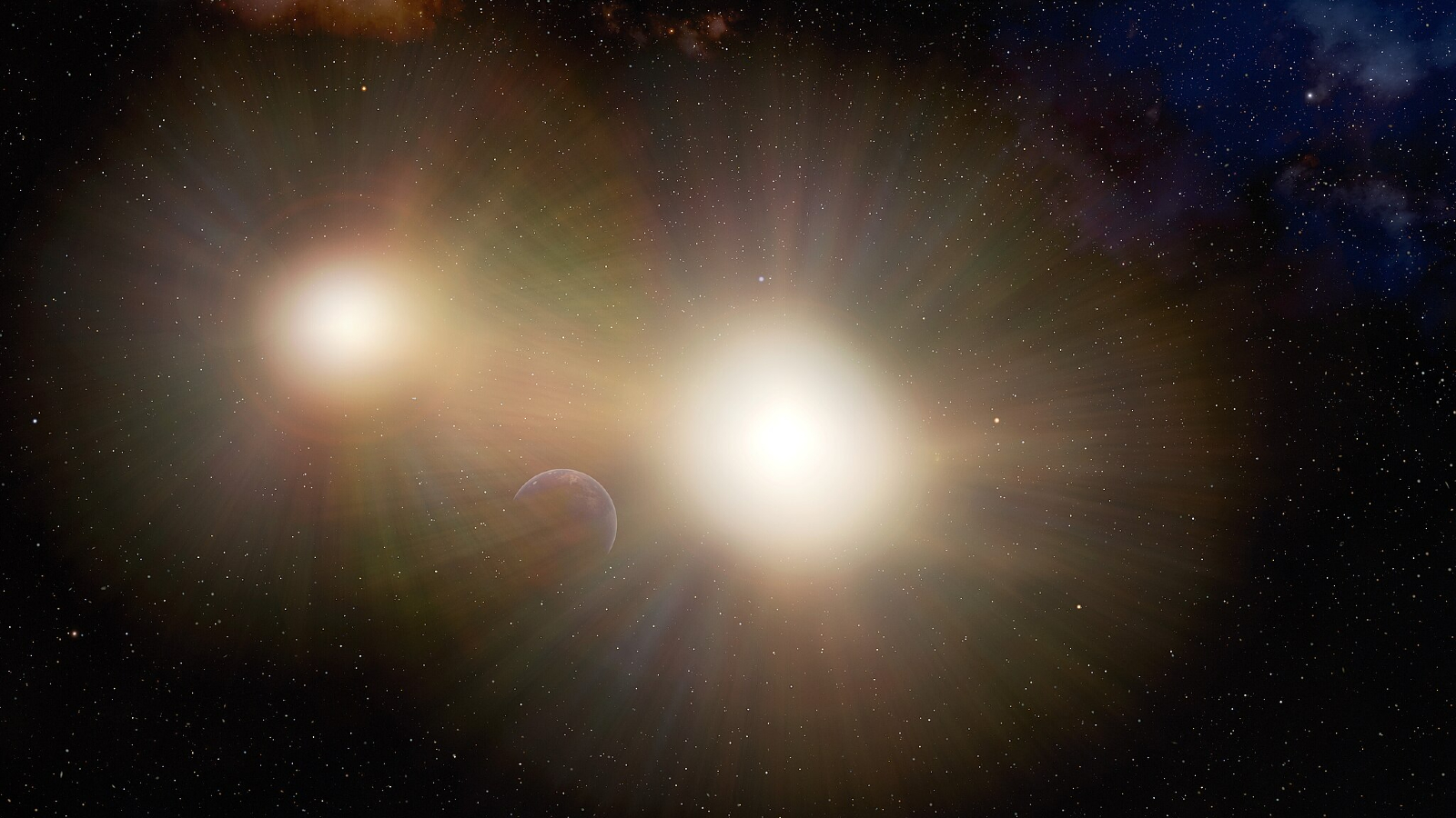 Two glowing lights sit next to each other in the darkness of space