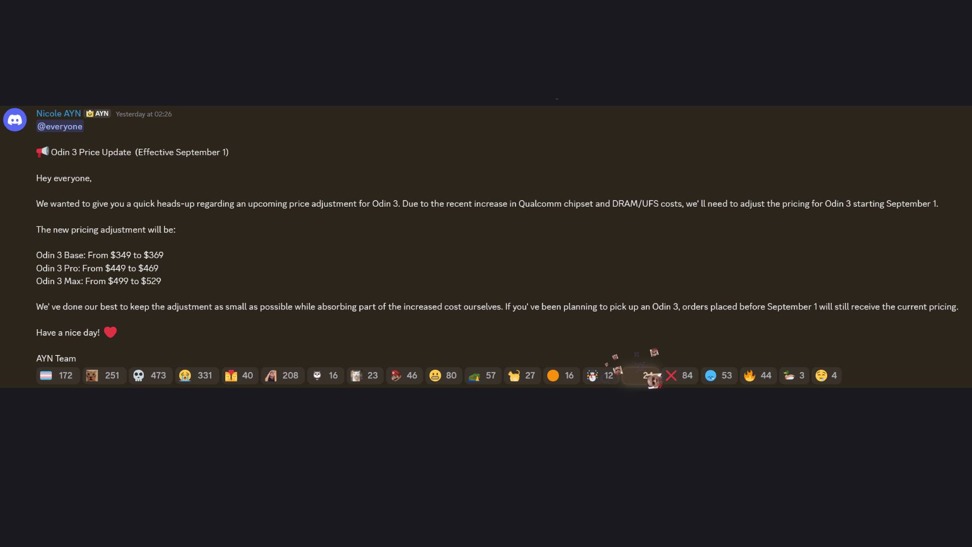 Screenshot of Ayn Odin 3 Discord post detailing price hikes for all three models.