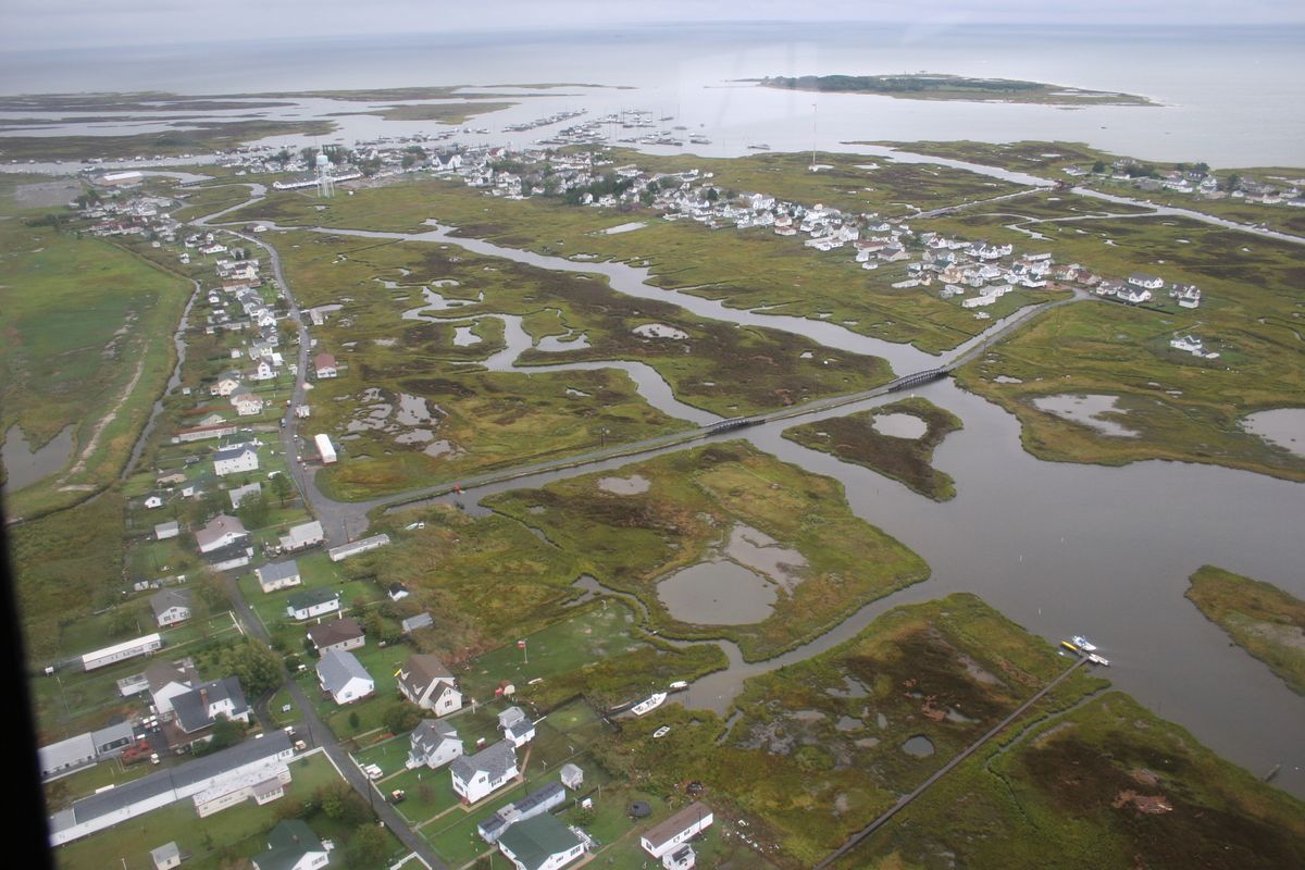 An aerial view of the town of Tangier on Tangier Island in Virginia&#039;s Chesapeake Bay.