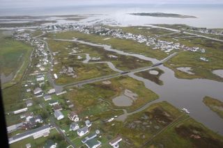 An aerial view of the town of Tangier on Tangier Island in Virginia's Chesapeake Bay.