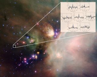 Bérengère Parise. Background image: Spitzer Space Telescope. NASA/JPL-Caltech/L. Allen (CfA) & D. Padgett (SSC-Cattech). Inlett: D2H+ Spectra (Champ+/APEX)