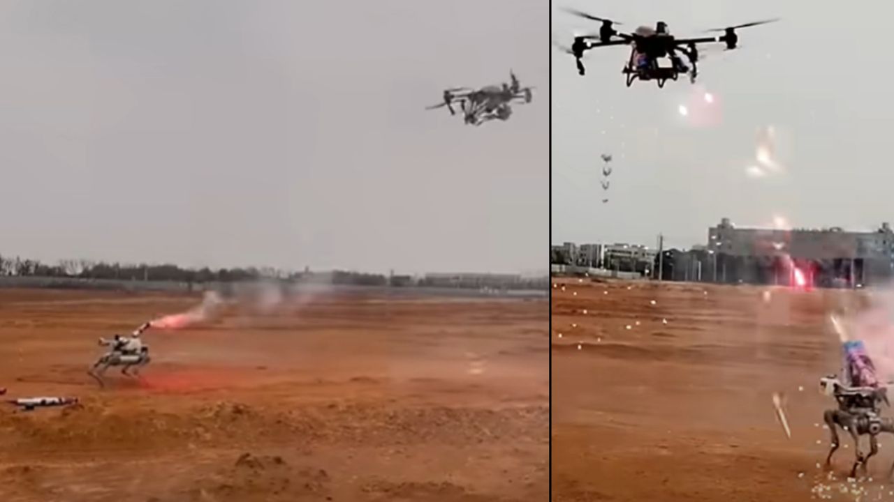 Watch robot dog and drone locked in fierce battle — blasting fireworks at each other in future warfare demo