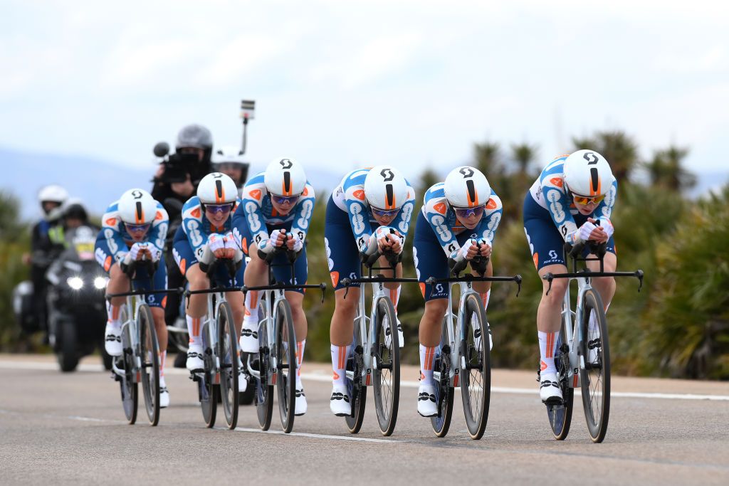 VALENCIA SPAIN APRIL 28 A general view of Juliette Labous of France Rachele Barbieri of Italy Eleonora Ciabocco of Italy Daniek Hengeveld of The Netherlands Charlotte Kool of The Netherlands Abi Smith of The United Kingdom Nienke Vinke of The Netherlands and Team dsmfirmenich PostNL sprint during the 10th La Vuelta Femenina 2024 Stage 1 a 16km team time trial from Valencia to Valencia UCIWWT on April 28 2024 in Valencia Spain Photo by Alex BroadwayGetty Images