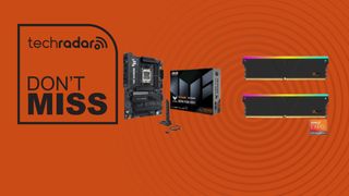 Motherboard and memory components on an orange background next to a TechRadar badge reading 'Don't Miss'