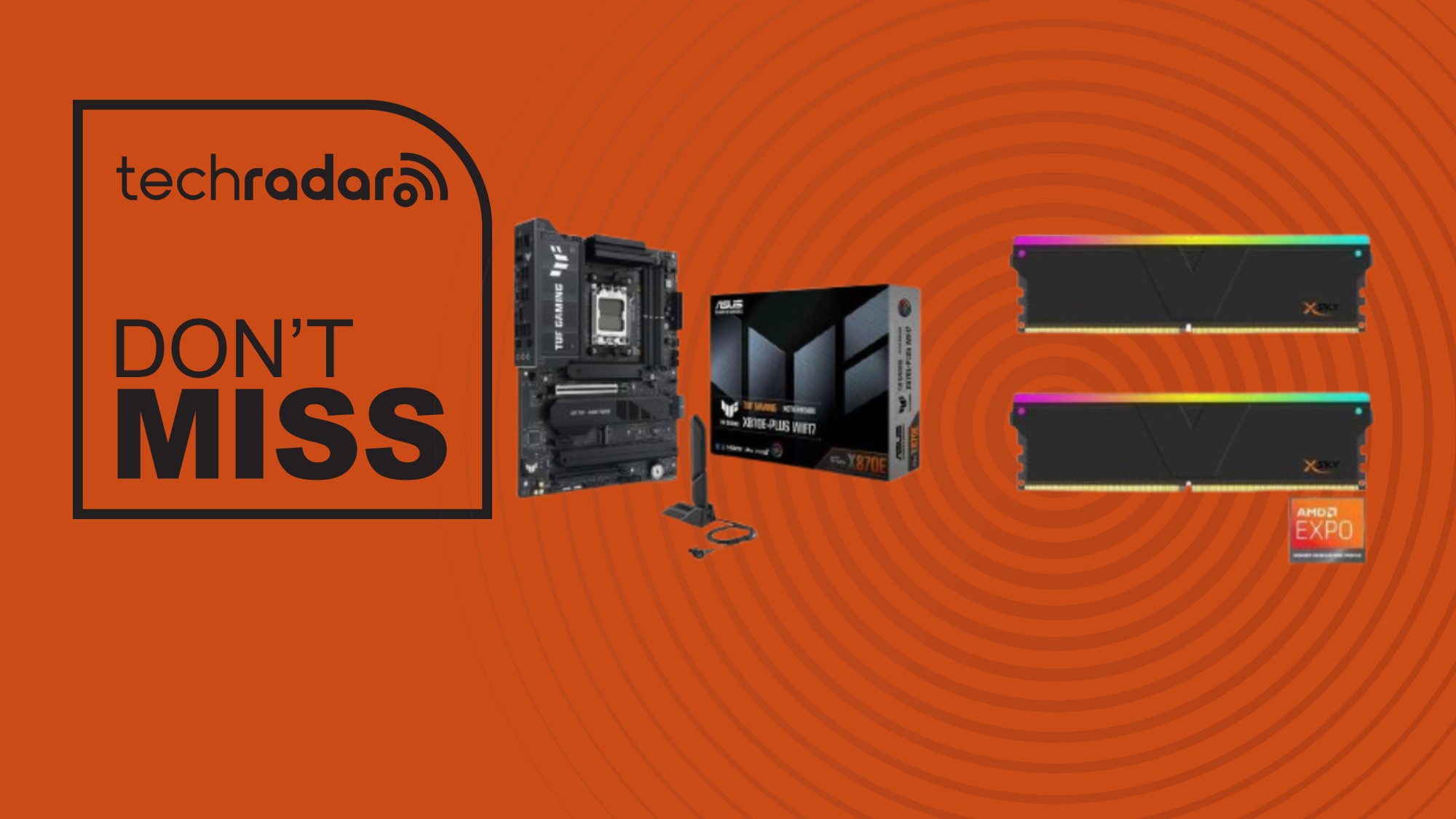 Motherboard and memory components on an orange background next to a TechRadar badge reading 'Don't Miss'