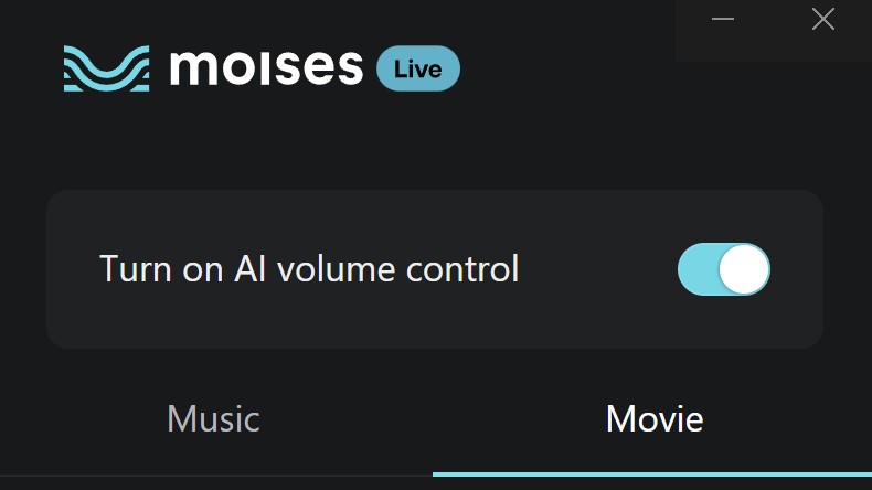 Moises AI volume control toggle, on black background