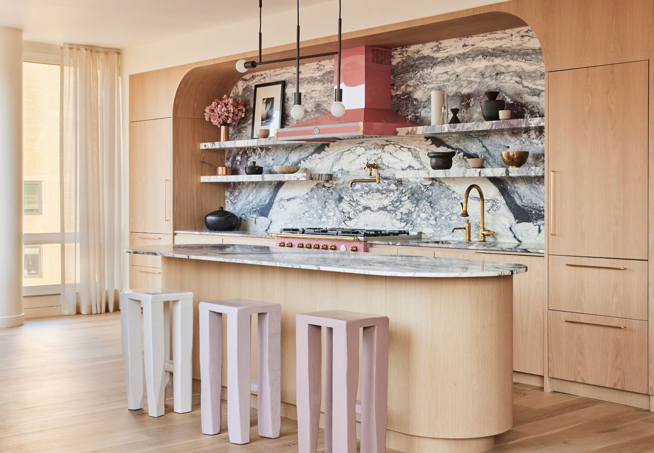 A marbled kitchen island 