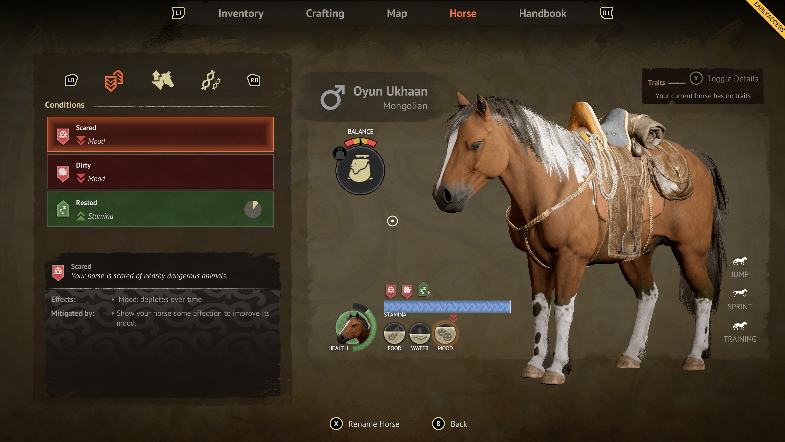 The Legend of Khiimori - Horse status page showing it is affected by scared, dirty, and rested