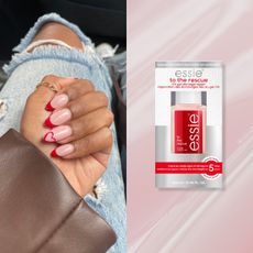 an edit of a person with red nails next to a nail strengthening product over a pink background