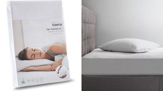 A mattress protector from Tempur, and the protector on a bed with a pillow.