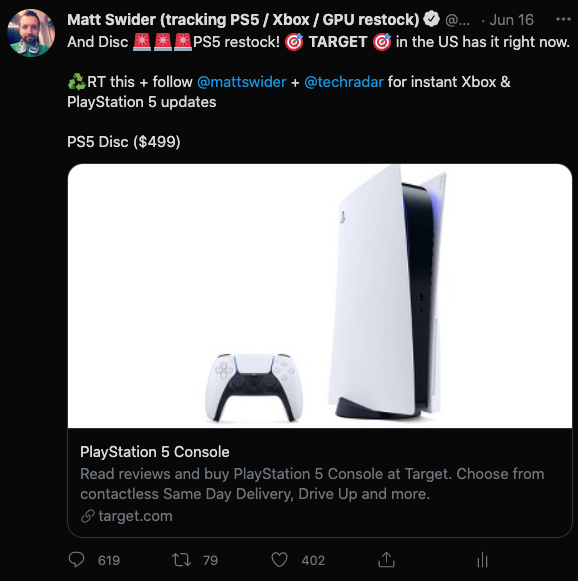 PS5 restock Target showing the Sony PS5 console in stock