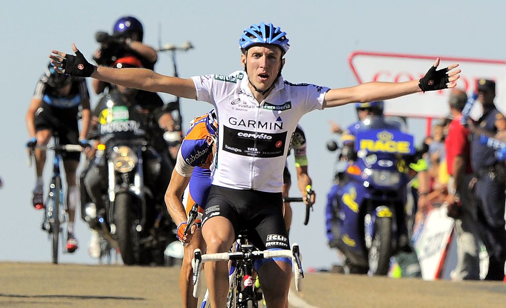 Irish Daniel Martin of the GarminCervelo team celebrates as he crosses the finish line of the Ninth stage of the Vuelta tour of Spain in la Covatilla on August 28 2011 The stage was a 18300 km ride from Villacastin to la Sierra de Bejar AFP PHOTO JOSE JORDAN Photo credit should read JOSE JORDANAFP via Getty Images