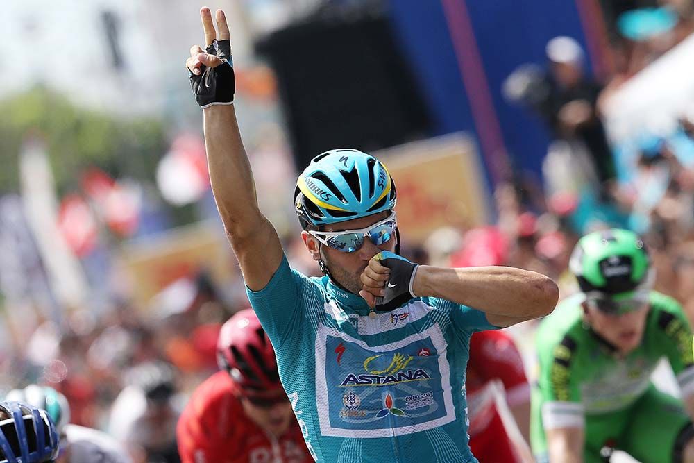 Andrea Guardini (Astana) celebrates his fourth win
