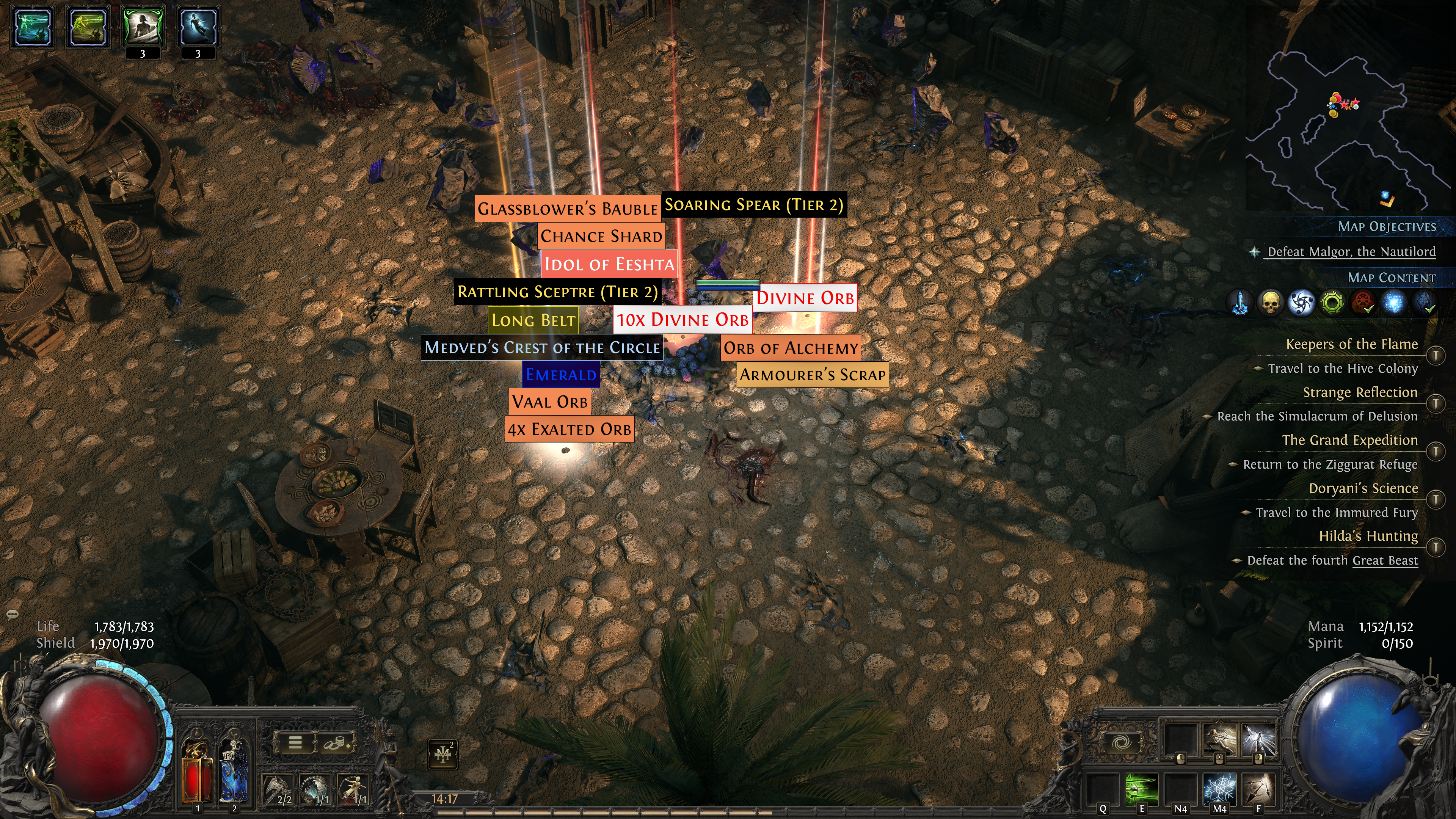 A screenshot of a Path of Exile 2 character surrounded by loot of various colors with bright beams of light reaching into the sky.