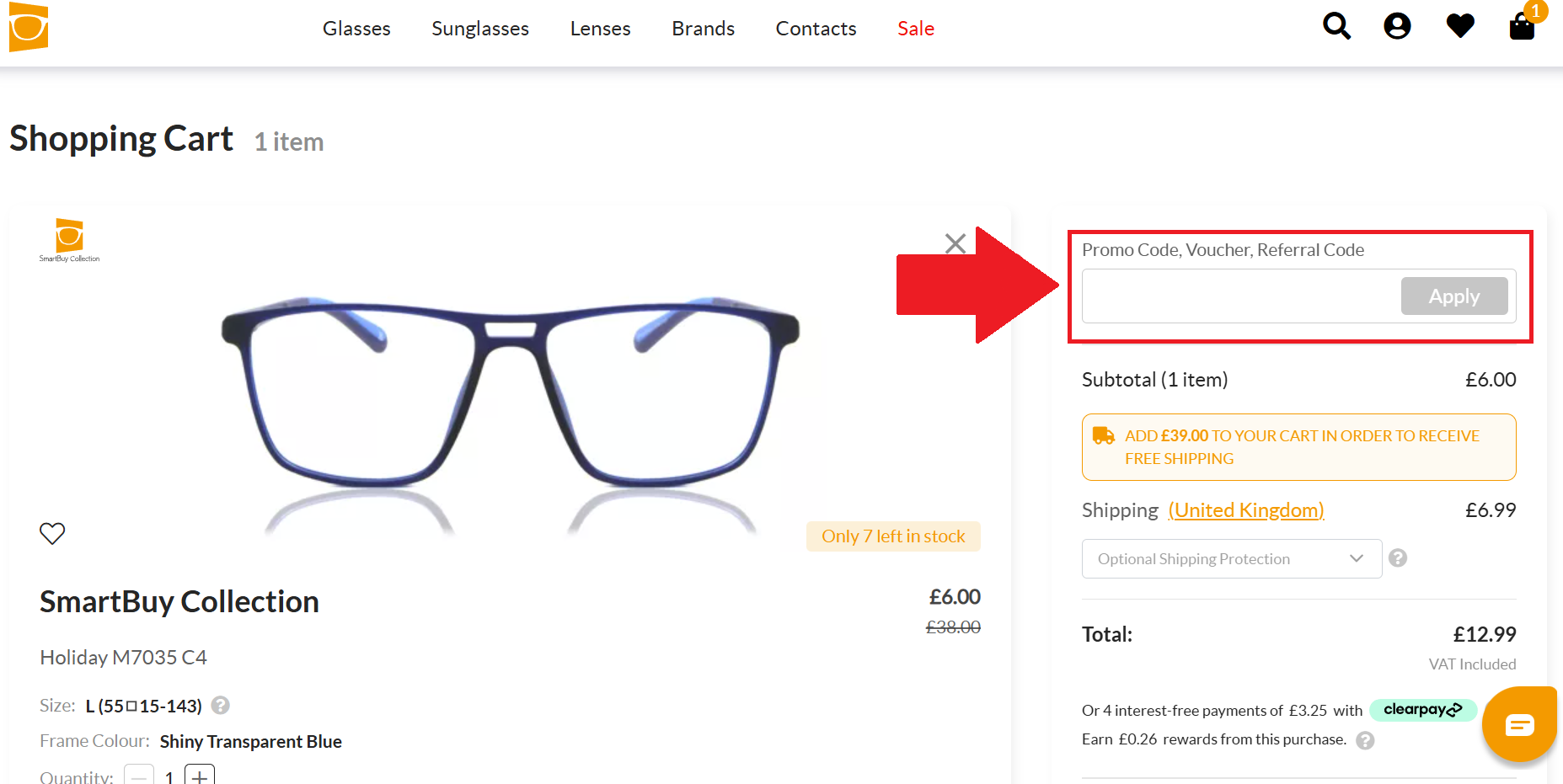 A screenshot of the smartbuyglasses checkout page showing where to enter a smartbuyglasses discount code