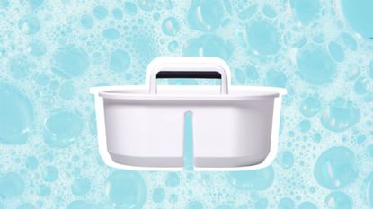 A cleaning caddy on a blue bubble background