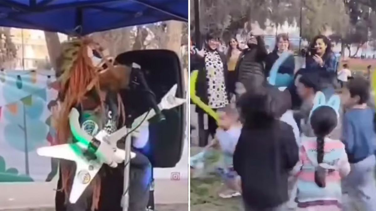 Bullico Puppets&#039; &quot;Jack Distortion&quot; &quot;plays guitar&quot; (left), to a young, appreciative crowd (right)