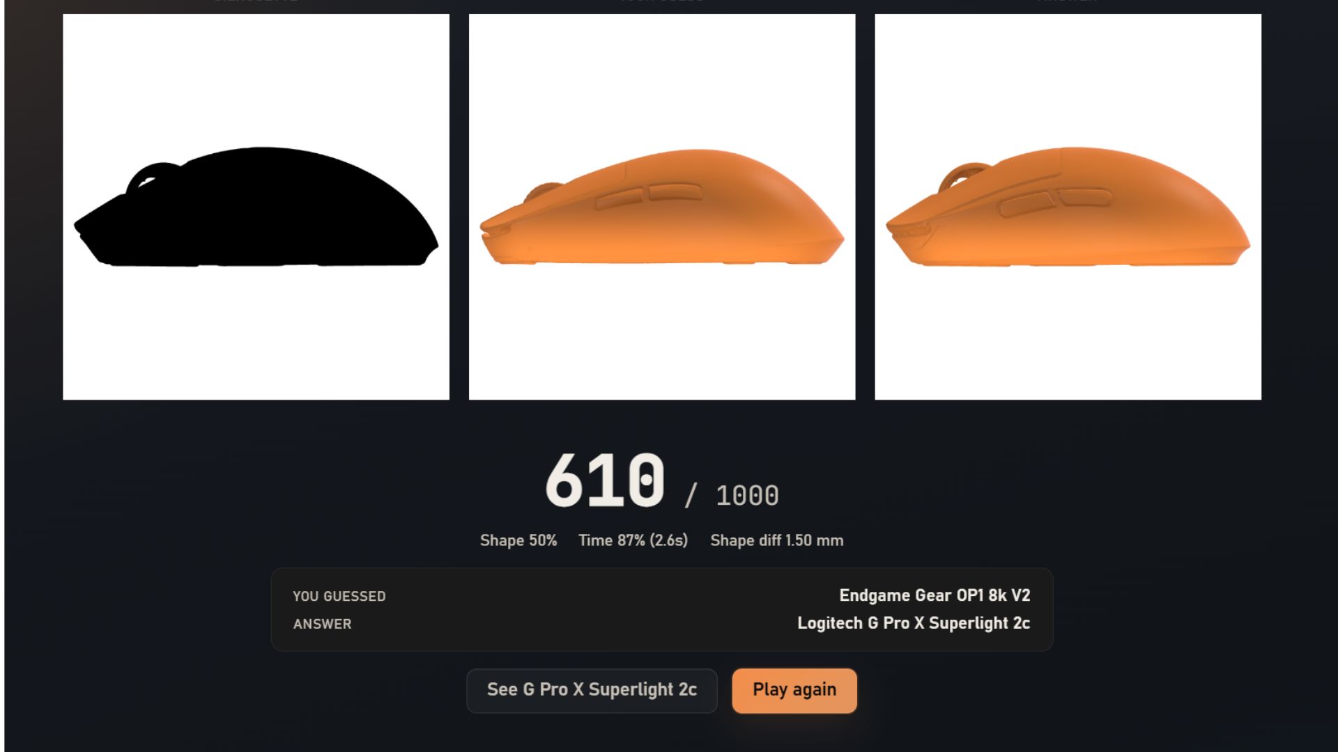 A screenshot from FindMyMouse's mouse guesser game, showing a guess of the Endgame Gear OP1 8k v2
