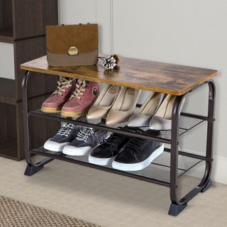 Black wire shoe rack with wooden top