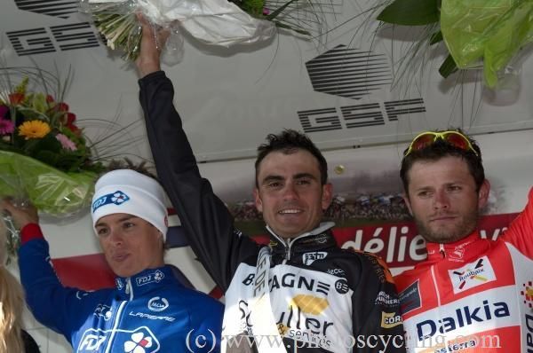 Route Ad&eacute;lie de Vitr&eacute; podium (l-r): Gianni Meersman, 2nd; Renaud Dion, 1st; Steven Tronet, 3rd.
