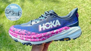 the Hoka Speedgoat 6, a President's Day sale label in the top left