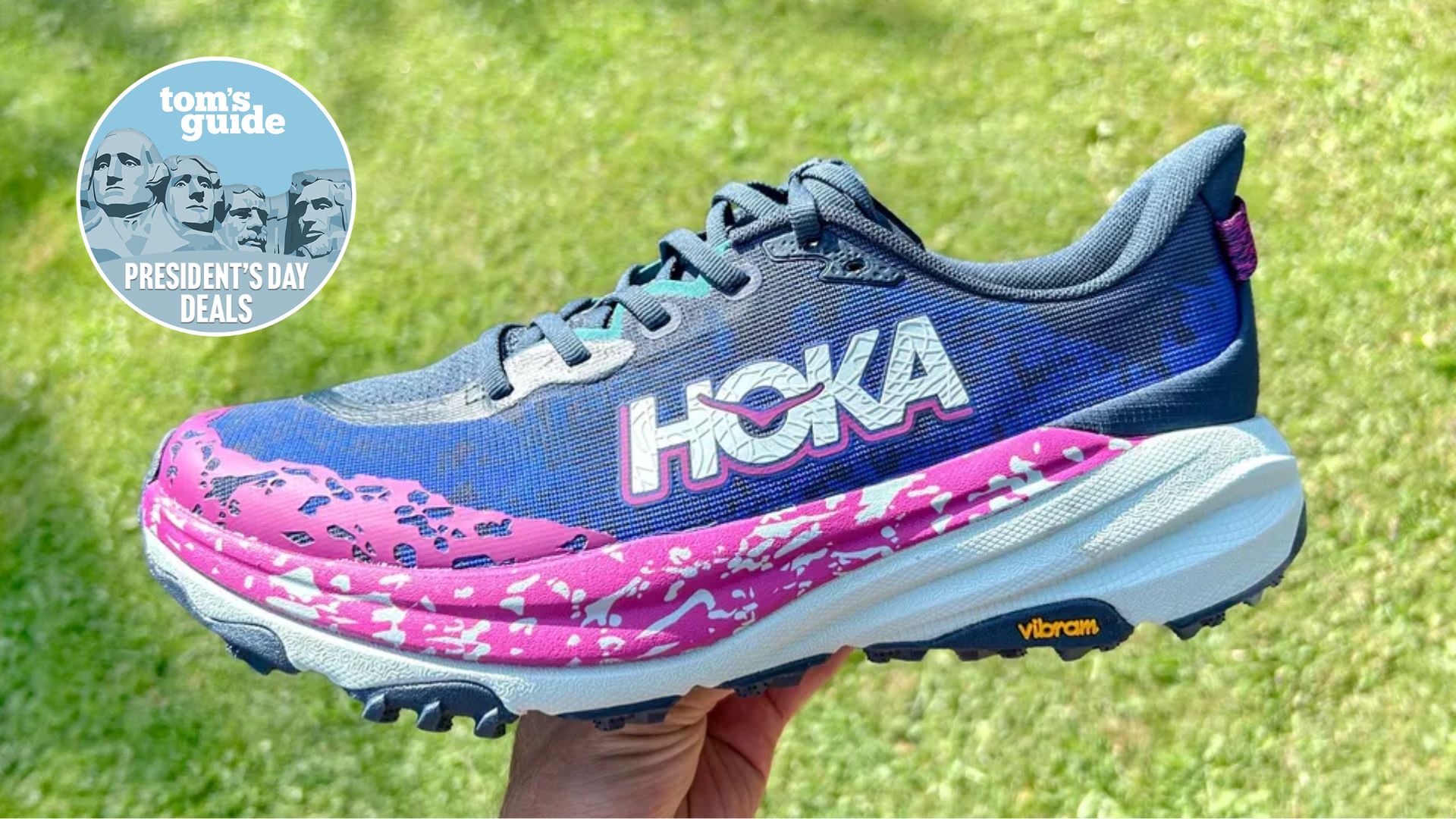 the Hoka Speedgoat 6, a President's Day sale label in the top left