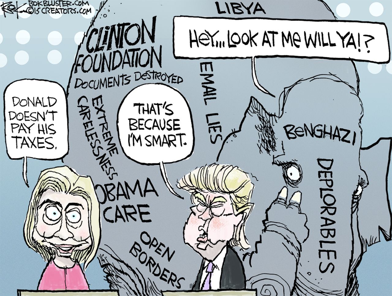 Political cartoon U.S. 2016 election Donald Trump Hillary Clinton elephant