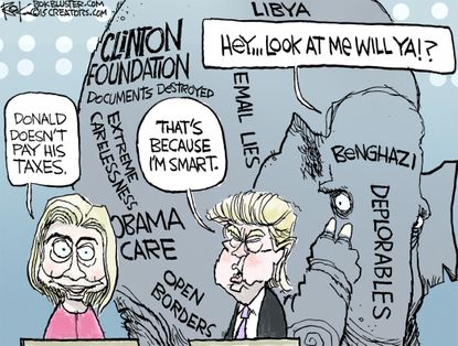 Political cartoon U.S. 2016 election Donald Trump Hillary Clinton elephant