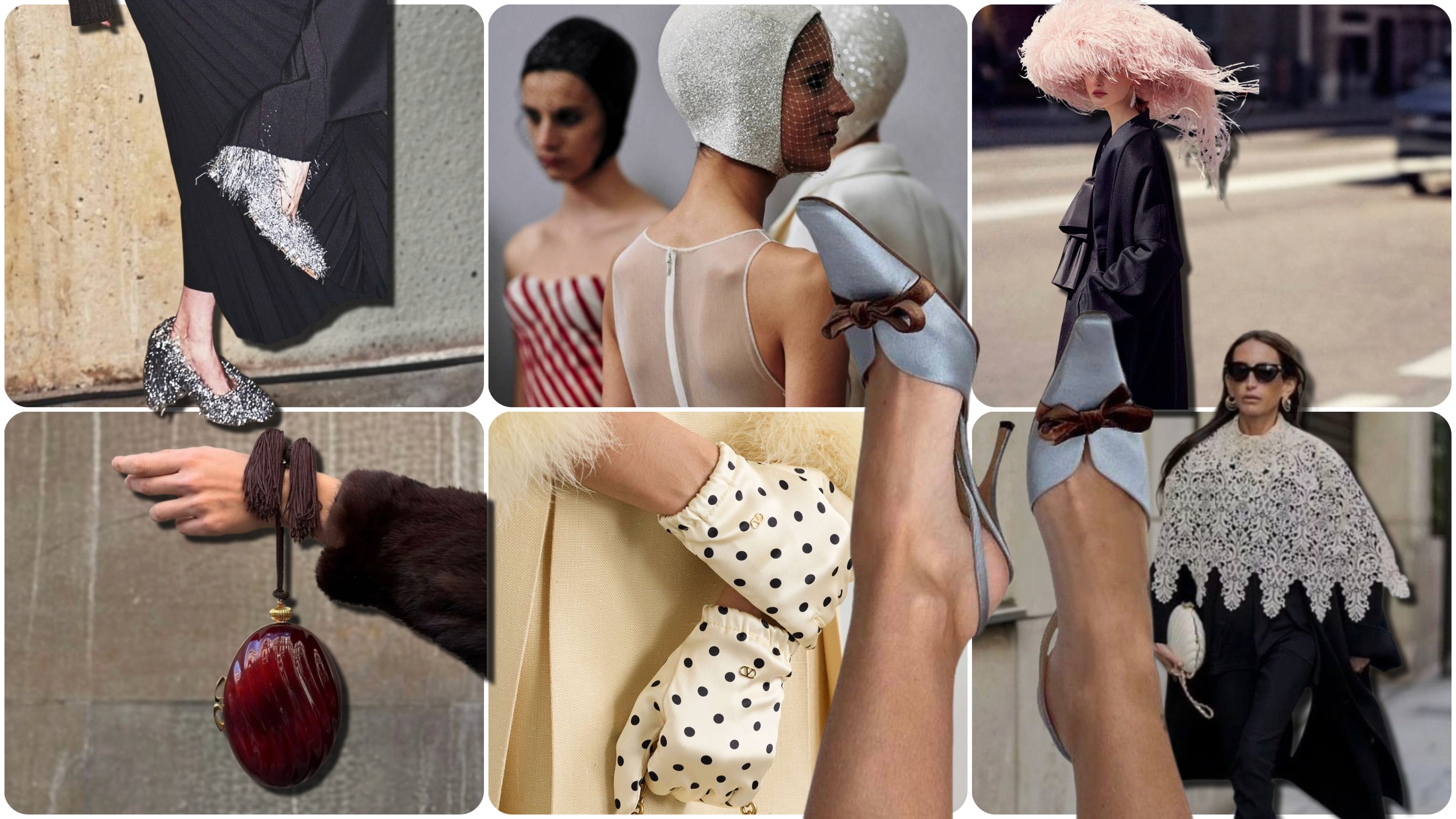 statement accessories and styling details, including embellished heels, sculptural hats, bow-adorned shoes, a round red handbag, polka-dot gloves, and an embellished cape.