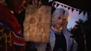 An image of Thancred from Final Fantasy 14 holding up a map to two nonplussed ladies.