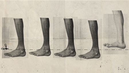 Photo collage of five legs and a cutting line marking them at the ankle. The last leg, which is the only white one in the row, avoids falling under the cutting line.