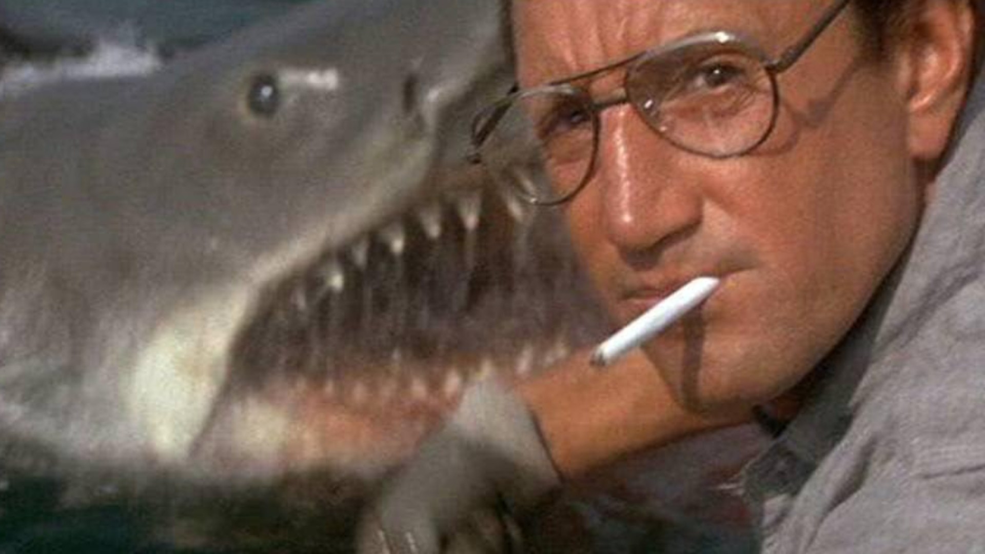 Roy Scheider as Chief Martin Brody, in front of a shark in the horror movie Jaws.