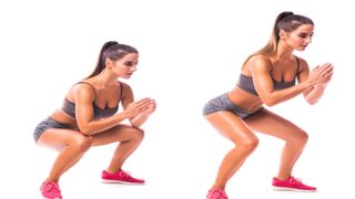 Woman performing a frog squat against a white background , first in a low squat then straightening legs in second image