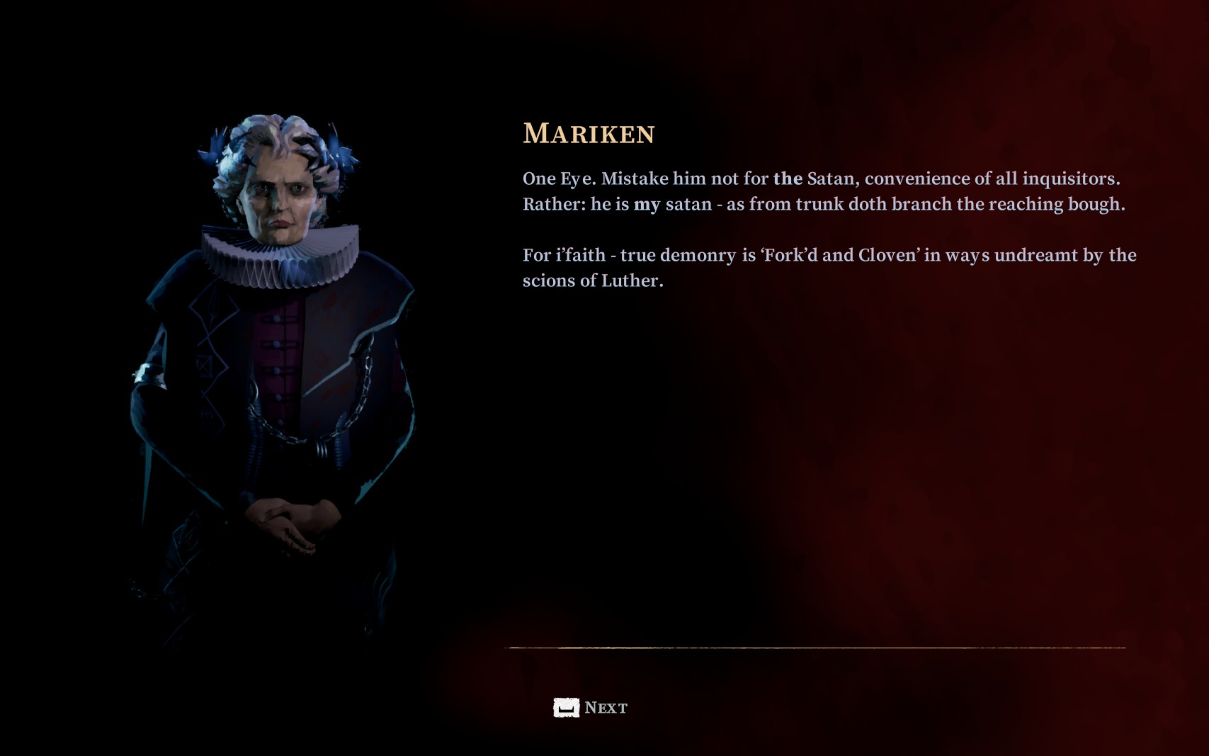 A witch named Mariken explains that One Eye is a devil, but not the devil