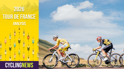 Side shot of Tadej Pogacar and Jonas Vingegaard riding across a blue sky background, overlaid with Tour de France graphic